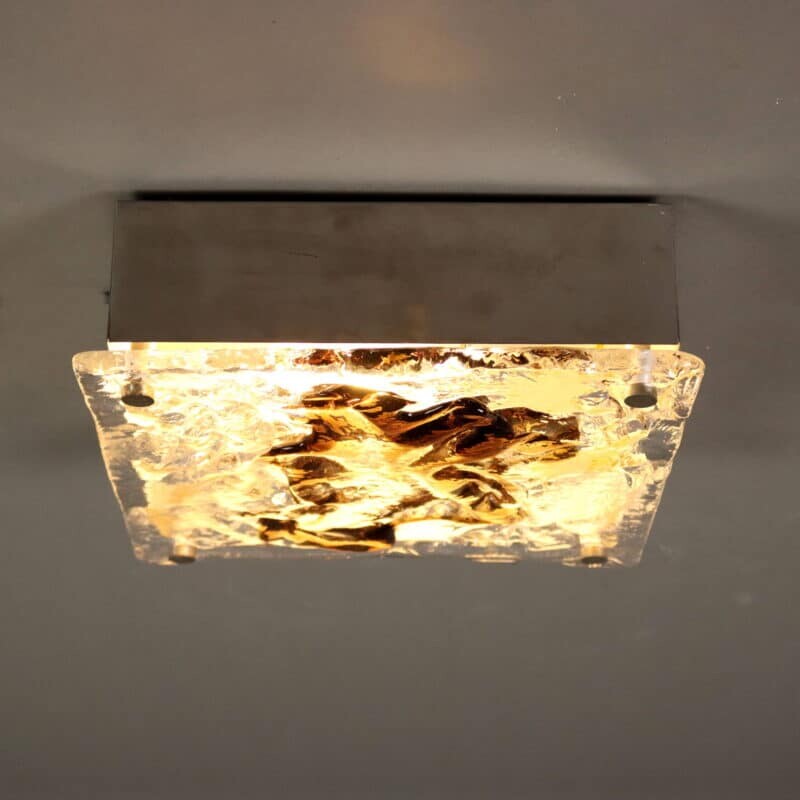 Lampada soffitto/parete anni '70 in vetro soffiato e alluminio