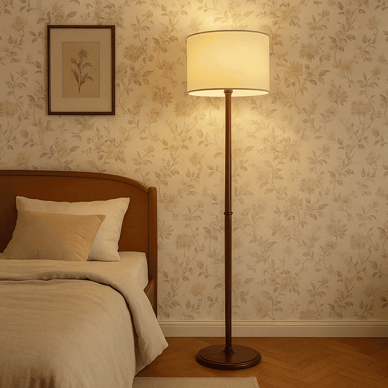 Lampada da Terra Vintage Anni 50-60 in Faggio e Ottone