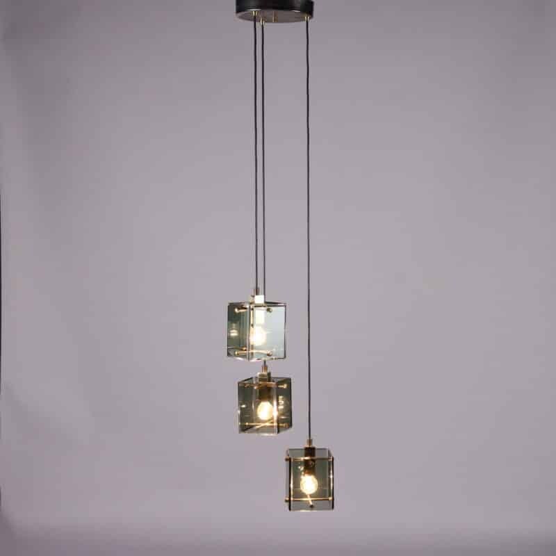 Lampada a soffitto anni '60 con vetro fumé e ottone