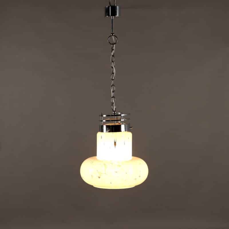 Lampada sospesa anni ’70 in vetro artistico e metallo