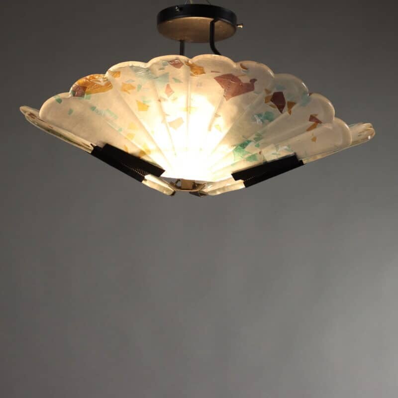Plafoniera anni '90 in vetro decorato e metallo