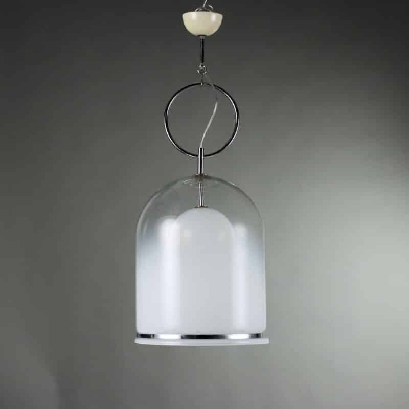 Lampada sospesa anni '70 in vetro satinato e cromature