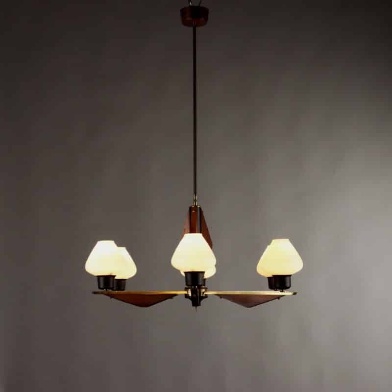 Lampadario anni ’60 con struttura in teak e metallo