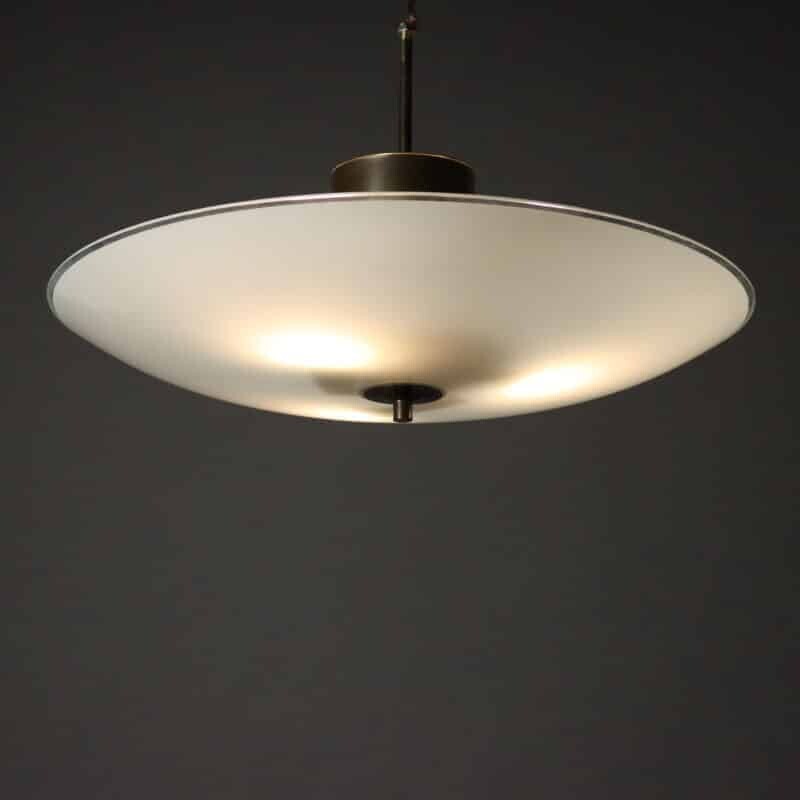 Lampadario Modernariato Anni '50 in Ottone e Vetro Satinato