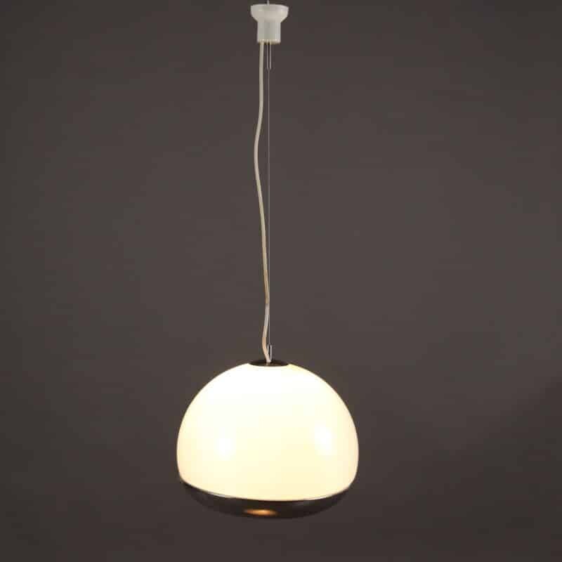Sospensione vintage in vetro bianco e alluminio cromato