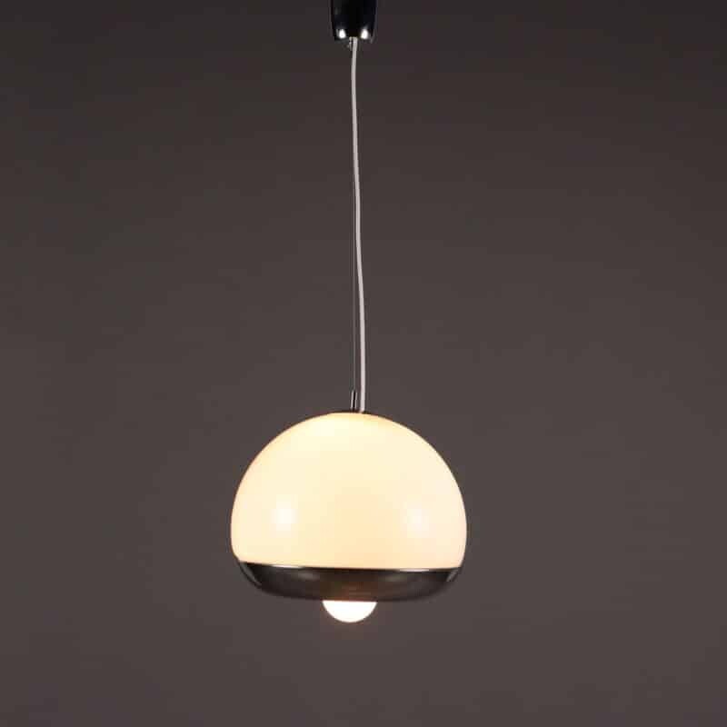 Lampada a Soffitto degli Anni '70 in vetro bianco e metallo cromato