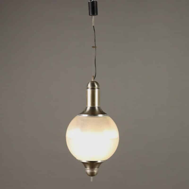 Lampadario vintage Anni '60-'70 in alluminio anodizzato e vetro